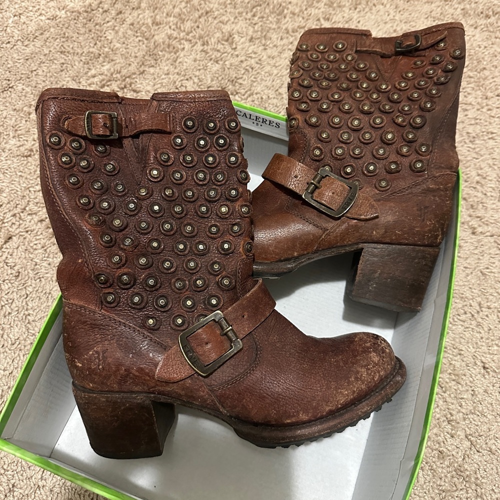 Frye Brown Studded Combat Boots